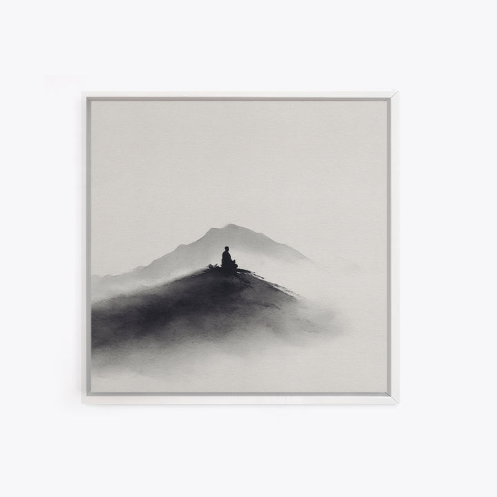 Minimalist Black And White Ink Landscape With Misty Mountains Wall Art Canvas Print For Modern Decor