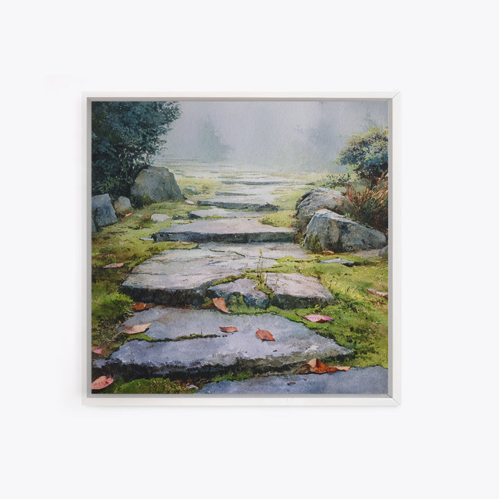 Misty Stone Garden Path Watercolor Wall Art, Serene Landscape Painting, Zen Home Decor, Wabi Sabi Neutral Canvas Print
