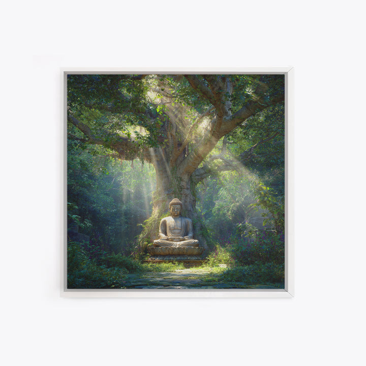 Serene Forest Buddha Statue Under Sacred Tree Wall Art Spiritual Nature Canvas Print Zen Meditation Room Decor Calming Artwork