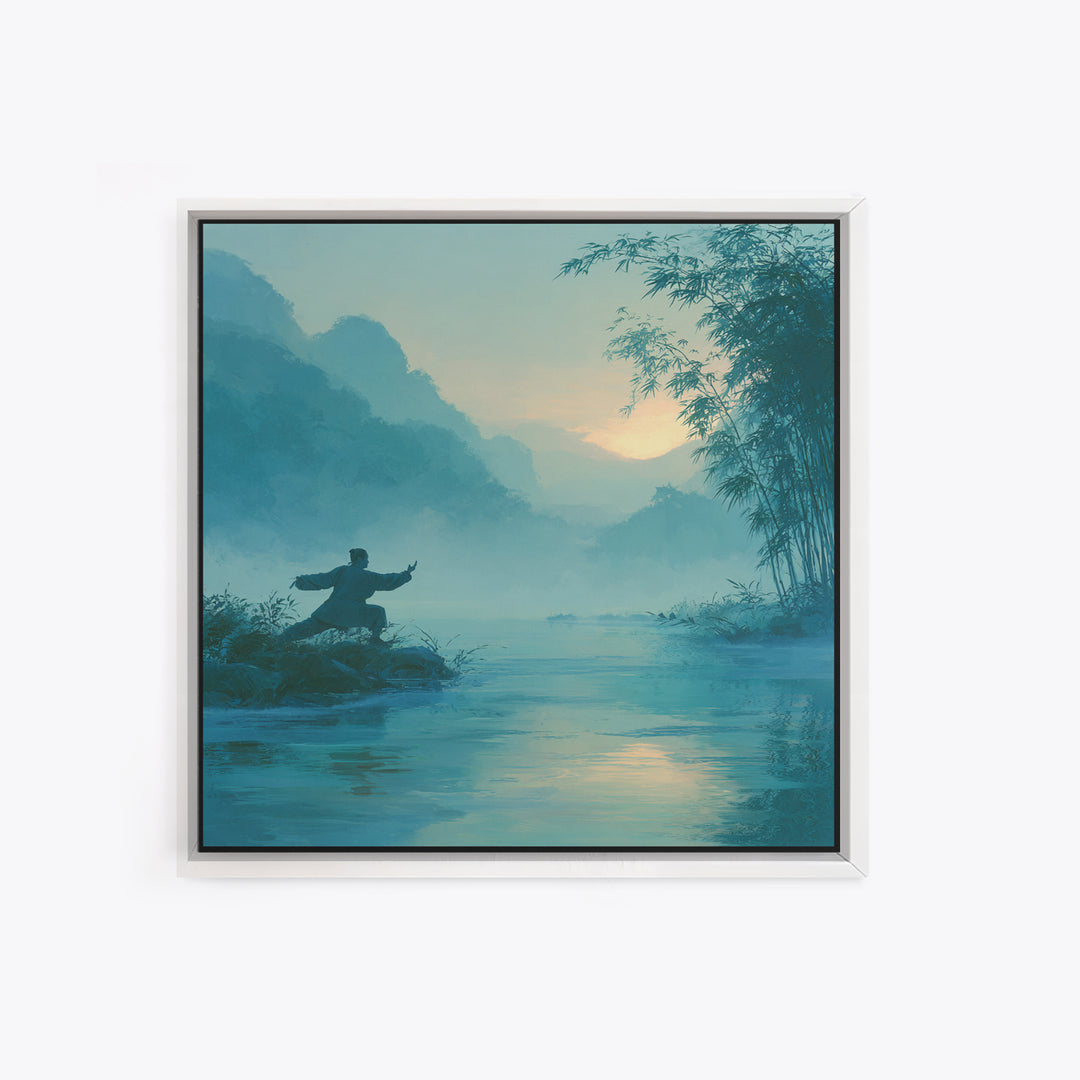 Martial Artist By Misty River At Sunrise Wall Art, Serene Zen Landscape Canvas Print, Calming Nature Home Decor Painting