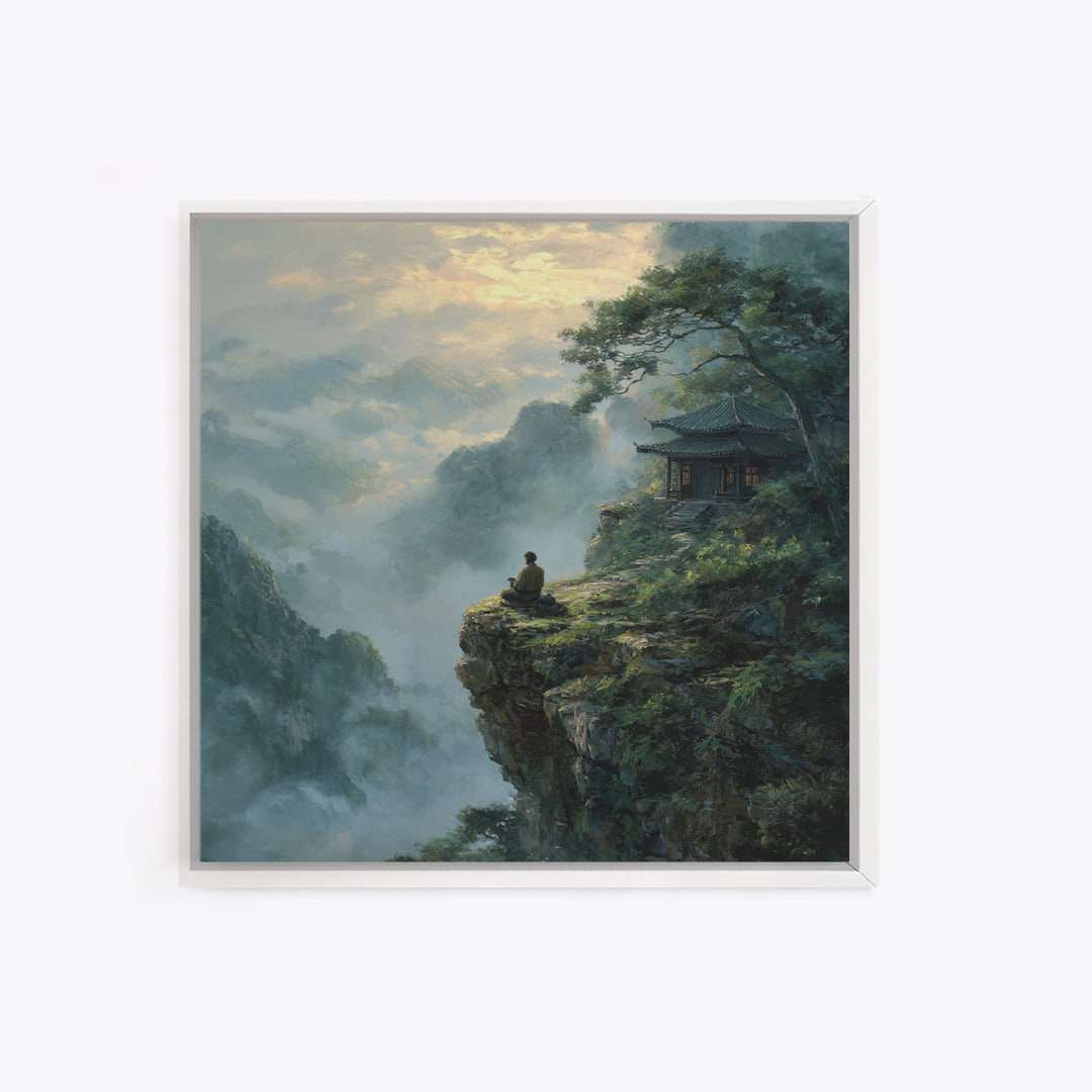 Zen Monk On Mountain Cliff Landscape Wall Art, Meditative Nature Canvas Print, Japanese Style Calming Home Decor