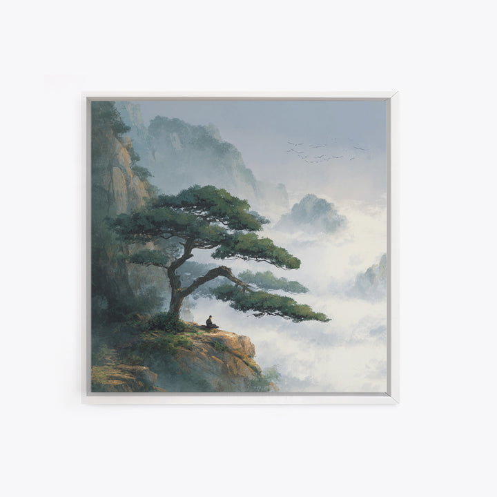 Zen Mountain Meditation Landscape Wall Art, Serene Nature Painting, Calming Japandi Style Canvas Print For Home Decor