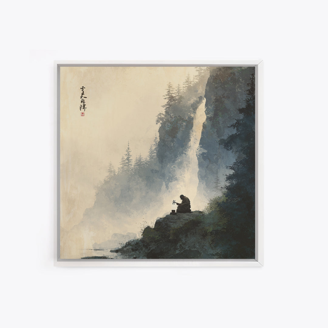 Meditating Monk By Waterfall Landscape Wall Art, Tranquil Zen Mountain Print, Japanese Inspired Nature Canvas Print