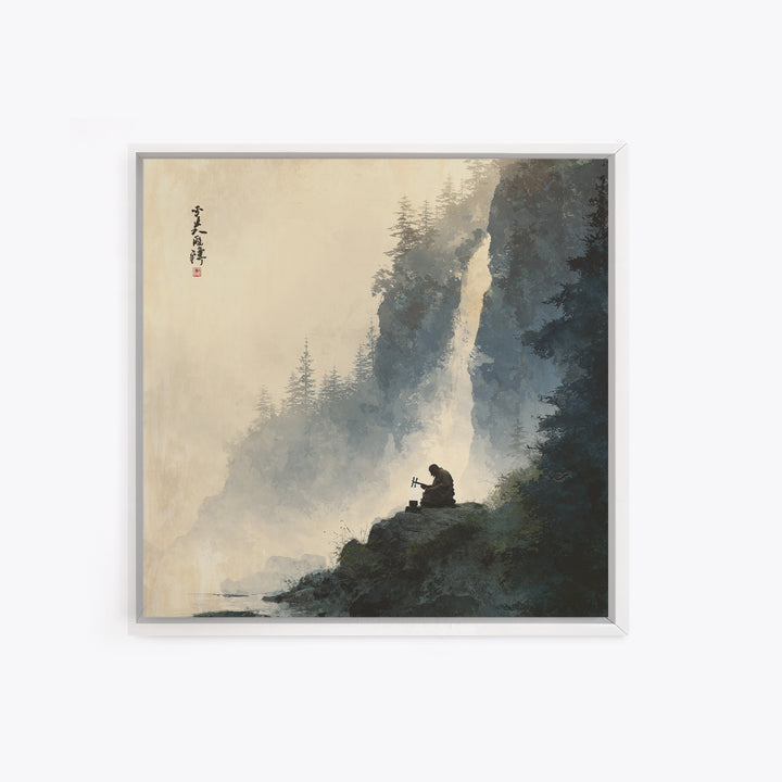 Meditating Monk By Waterfall Landscape Wall Art, Tranquil Zen Mountain Print, Japanese Inspired Nature Canvas Print