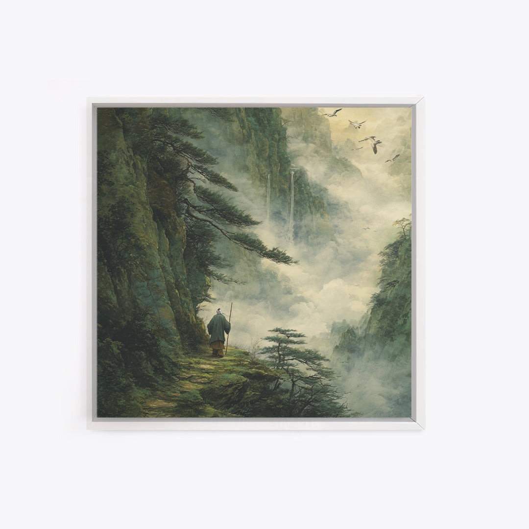 Misty Mountain Path Wanderer Wall Art, Tranquil Fantasy Landscape Painting Print, Zen Nature Home Decor Canvas Print