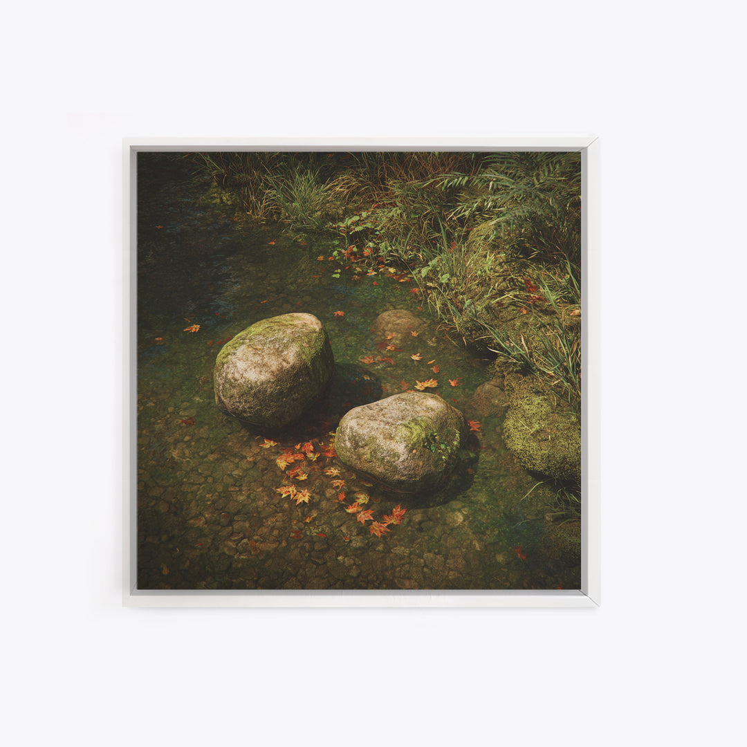 Zen River Stones With Autumn Leaves Wall Art, Tranquil Nature Landscape Canvas Print, Minimalist Forest Creek Decor For Spa Or Bedroom