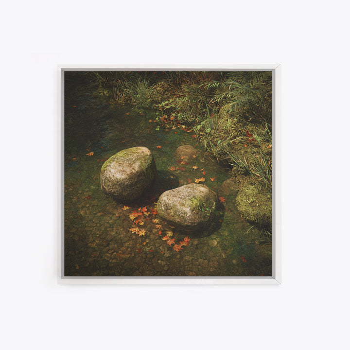 Zen River Stones With Autumn Leaves Wall Art, Tranquil Nature Landscape Canvas Print, Minimalist Forest Creek Decor For Spa Or Bedroom