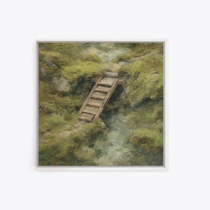 Rustic Wooden Footbridge Over Stream Wall Art, Tranquil Forest Landscape Canvas Print, Nature Home Decor For Bedroom Or Cozy Living Room