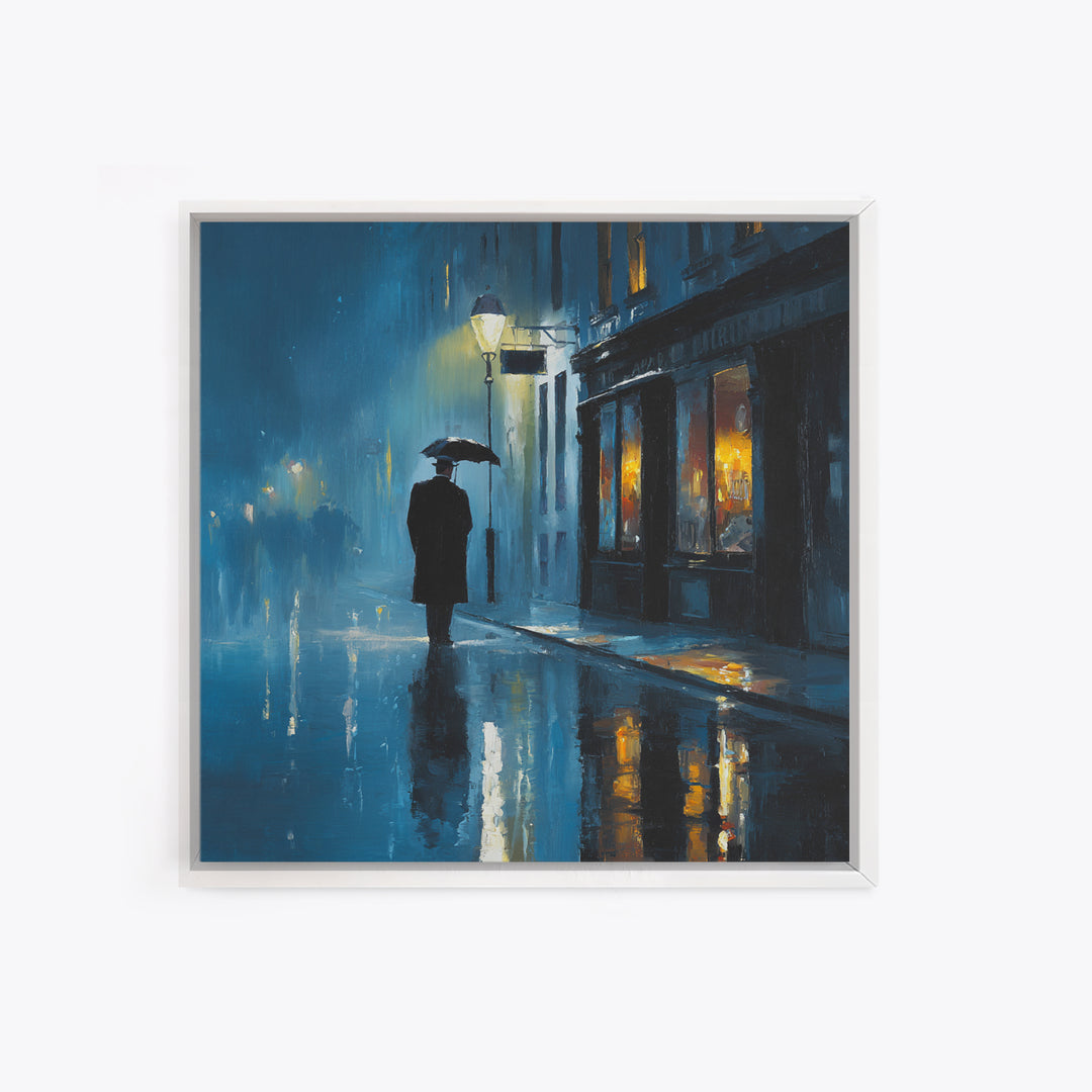 Rainy Blue City Street With Umbrella Canvas Print, Moody Urban Wall Art, Paris Cafe Decor, Romantic Bedroom Living Room Decor
