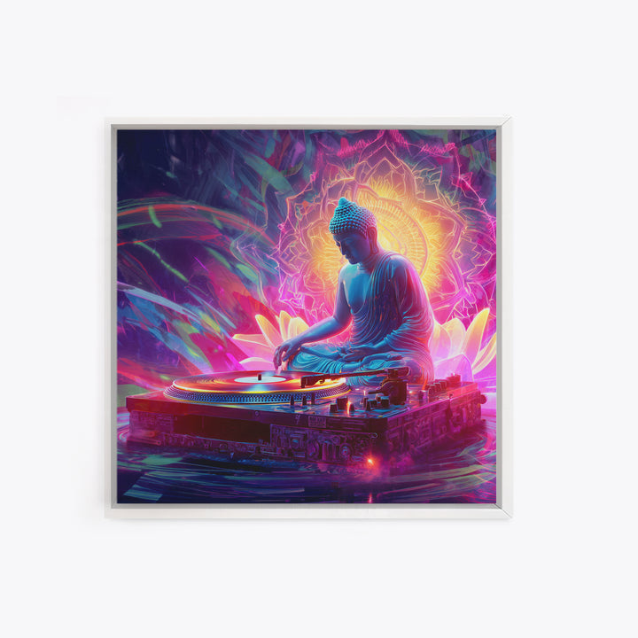 Meditative Buddha DJ Neon Wall Art Canvas Print, Psychedelic Spiritual Music Poster For Gaming Room And Modern Decor