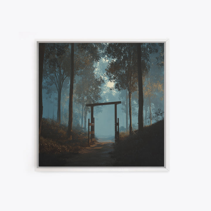 Moody Forest Gate Landscape Wall Art, Misty Woodland Path Canvas Print, Calming Nature Painting For Rustic Home Or Bedroom Decor