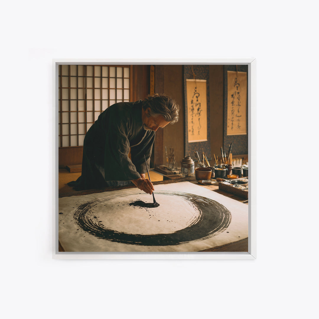Japanese Calligrapher Painting Zen Enso Circle Wall Art, Serene Asian Ink Canvas Print For Mindful Home Decor