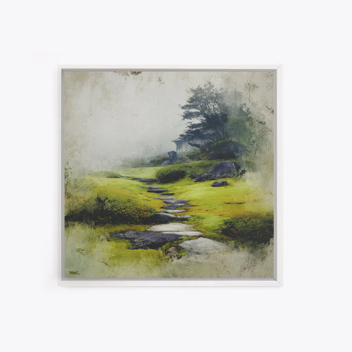 Misty Stone Path Garden Landscape Wall Art, Serene Zen Canvas Print, Wabi Sabi Nature Home Decor, Calming Wall Art