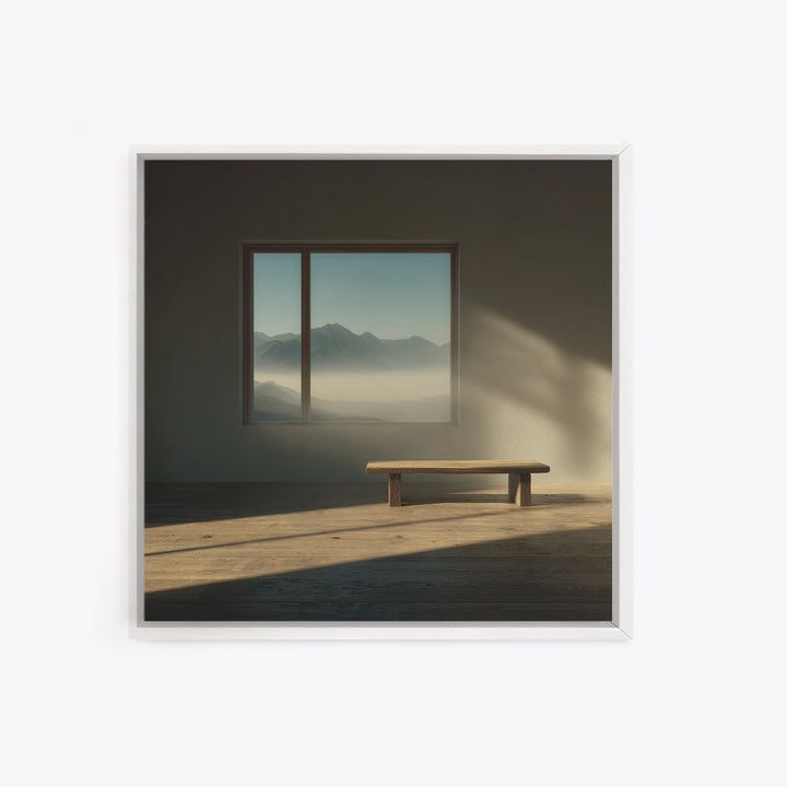 Minimalist Japandi Interior Wall Art, Sunlit Bench And Mountain View Framed Canvas Print, Neutral Zen Home Decor
