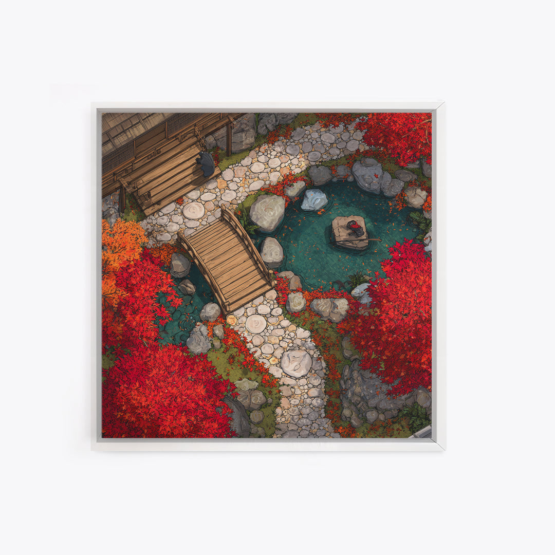 Autumn Japanese Garden Bridge Aerial Landscape Wall Art, Red Maple Trees Zen Pathway Canvas Print
