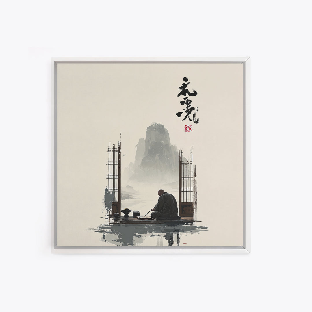 Zen Monk By Mountain Lake Wall Art, Minimalist Japanese Landscape Canvas Print, Calming Neutral Home Decor