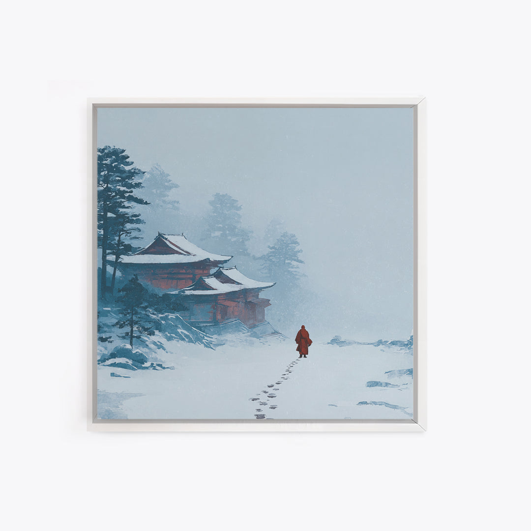 Solitary Monk Walking To Temple In Snow Wall Art, Minimalist Japanese Landscape Print, Tranquil Zen Home Decor