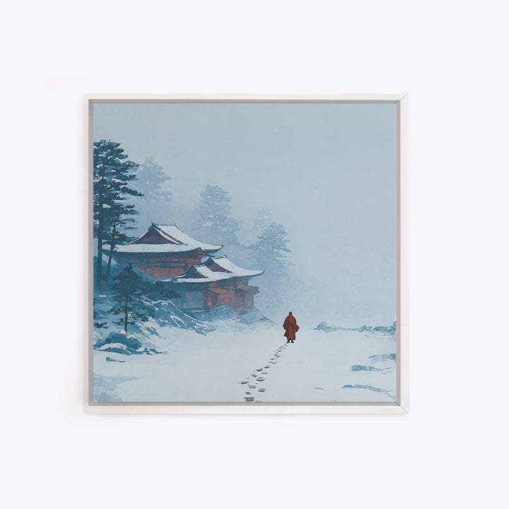 Solitary Monk Walking To Temple In Snow Wall Art, Minimalist Japanese Landscape Print, Tranquil Zen Home Decor