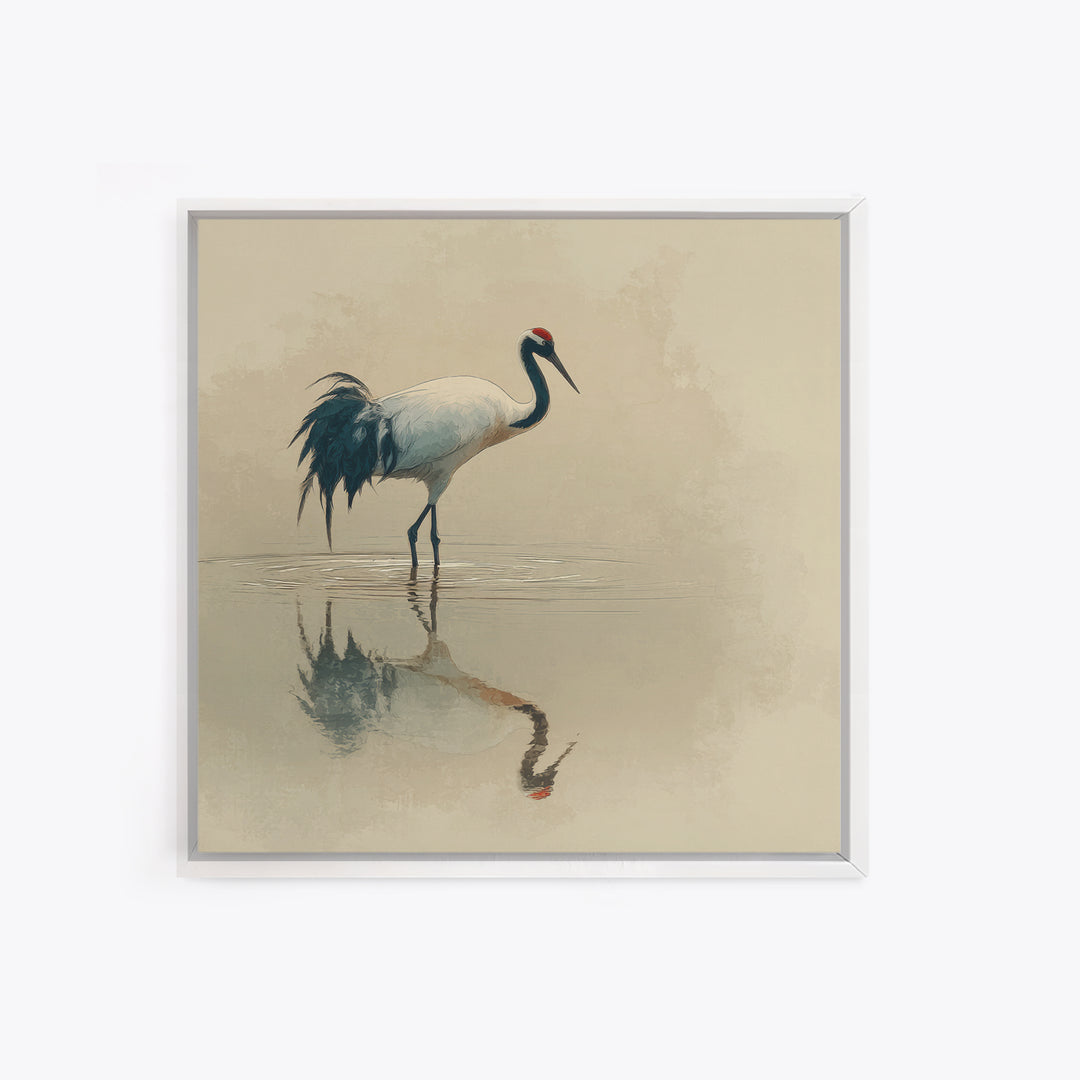Elegant Red Crowned Crane Wall Art Print, Minimalist Japanese Bird Painting, Neutral Nature Canvas Print For Japandi Style Living Room Decor