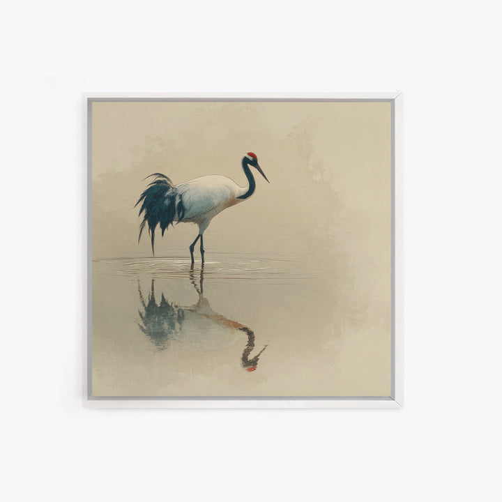 Elegant Red Crowned Crane Wall Art Print, Minimalist Japanese Bird Painting, Neutral Nature Canvas Print For Japandi Style Living Room Decor