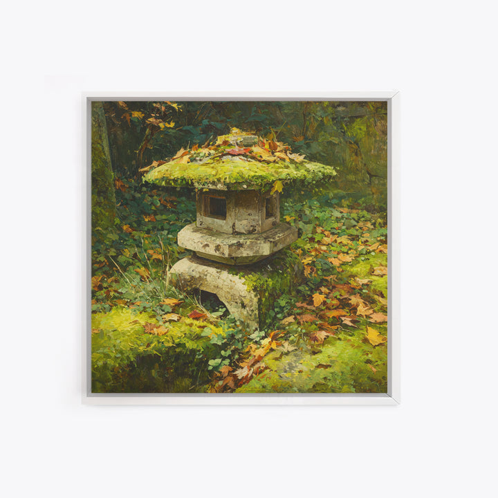 Japanese Garden Lantern Wall Art, Mossy Stone Sculpture Print, Tranquil Nature Decor, Wabi Sabi Garden Wall Art