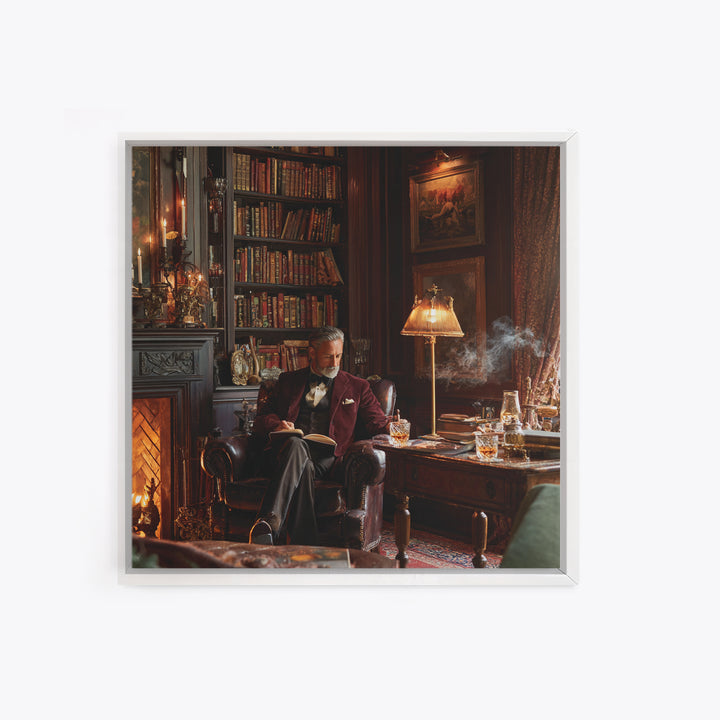 Elegant Gentleman Reading By Fireplace Framed Canvas Print, Dark Academia Library Wall Art, Old World Office Decor Gift For Him