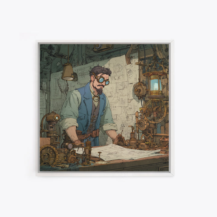 Steampunk Inventor Drafting Blueprints Canvas Print, Industrial Office Wall Art, Mechanical Workshop Decor, Gift For Him