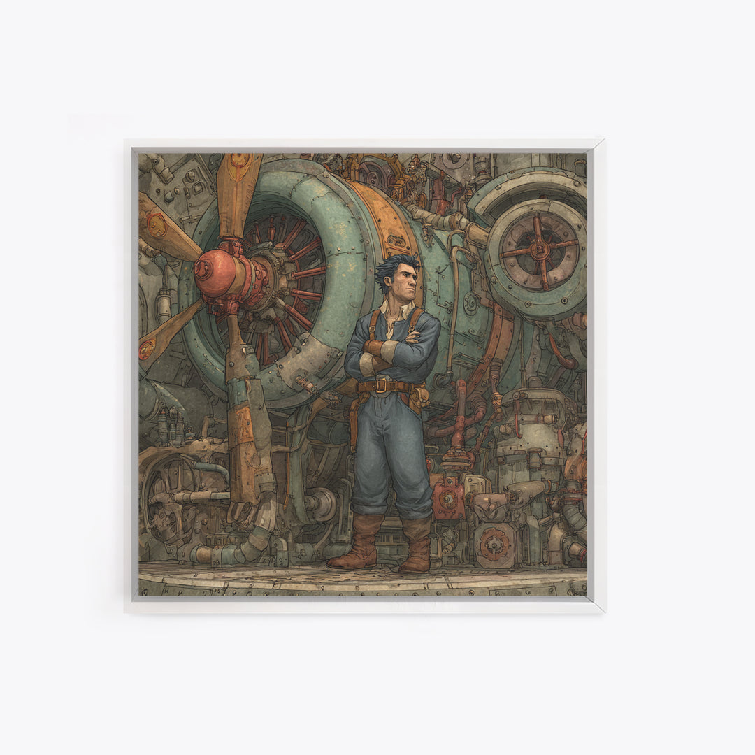 Steampunk Airship Mechanic By Giant Engine Framed Canvas Print, Industrial Sci Fi Wall Art, Mechanical Man Cave Decor Gift