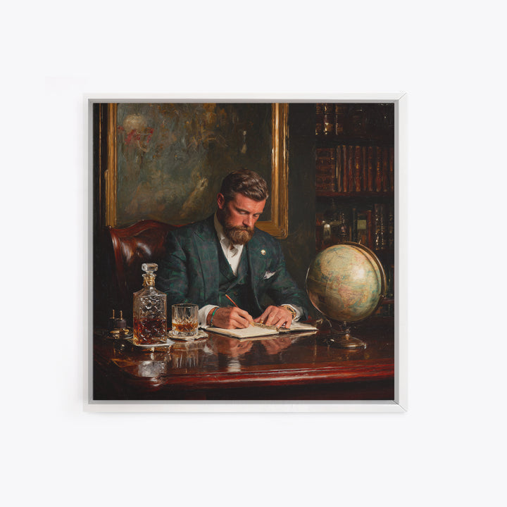 Bearded Gentleman Journaling In Moody Library Framed Canvas Print, Dark Academia Wall Art, Office Decor, Gift For Him, Masculine Decor