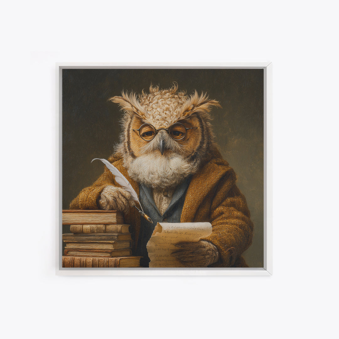 Whimsical Owl Scholar With Quill And Books Wall Art, Animal Portrait Canvas, Dark Academia Decor, Library Gift, Book Lover Gift