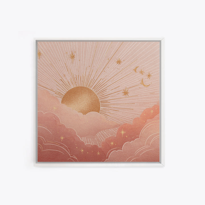 Boho Golden Sun Over Pink Clouds Wall Art, Celestial Sun And Moon Print, Warm Neutral Nursery Decor, Above Bed Decor Gift
