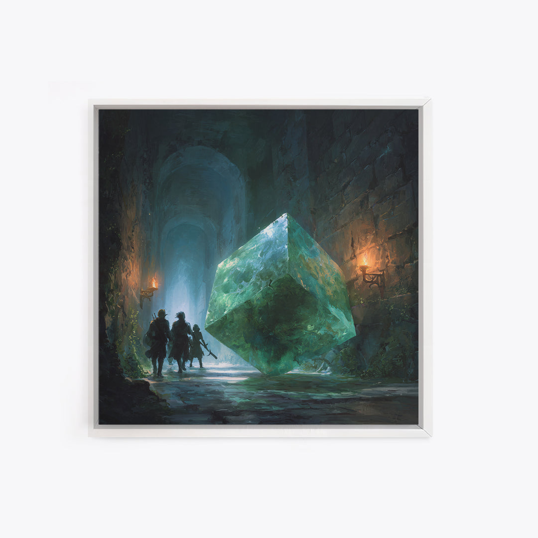 Glowing Green Crystal Dungeon Wall Art, Fantasy Adventure Canvas Print, Magical Library Decor, Dungeons And Dragons Gift