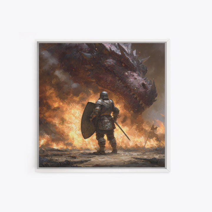 Armored Knight Facing Dragon Framed Canvas Print, Dark Fantasy Wall Art, Medieval Fire Battle Decor, Gamer Gift For Him, Dragon Art