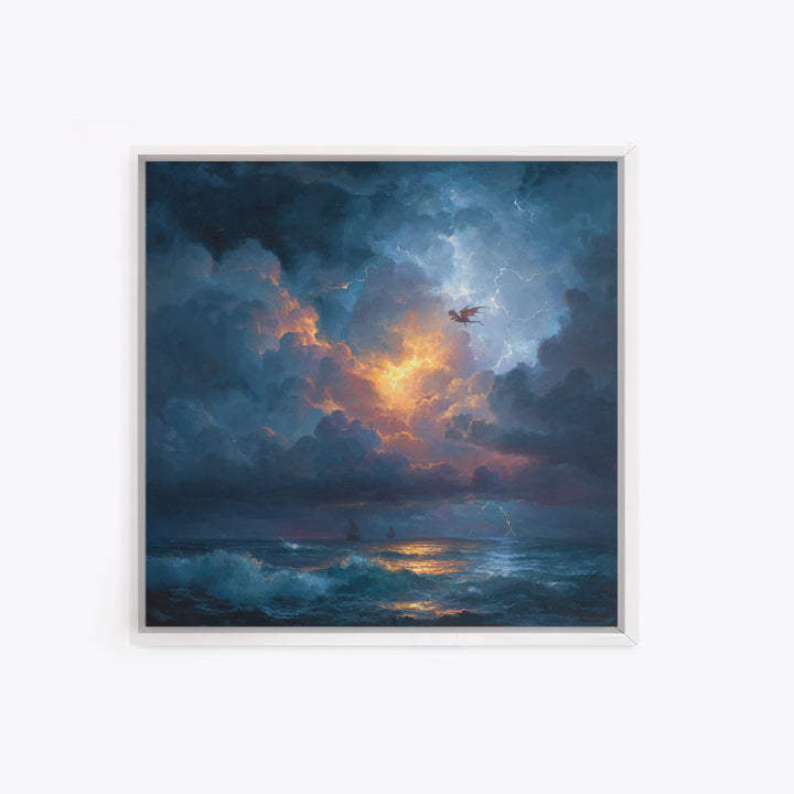 Stormy Ocean Dragon Seascape Canvas Print, Moody Coastal Wall Art, Dark Fantasy Landscape, Nautical Decor Gift For Him, Storm Art