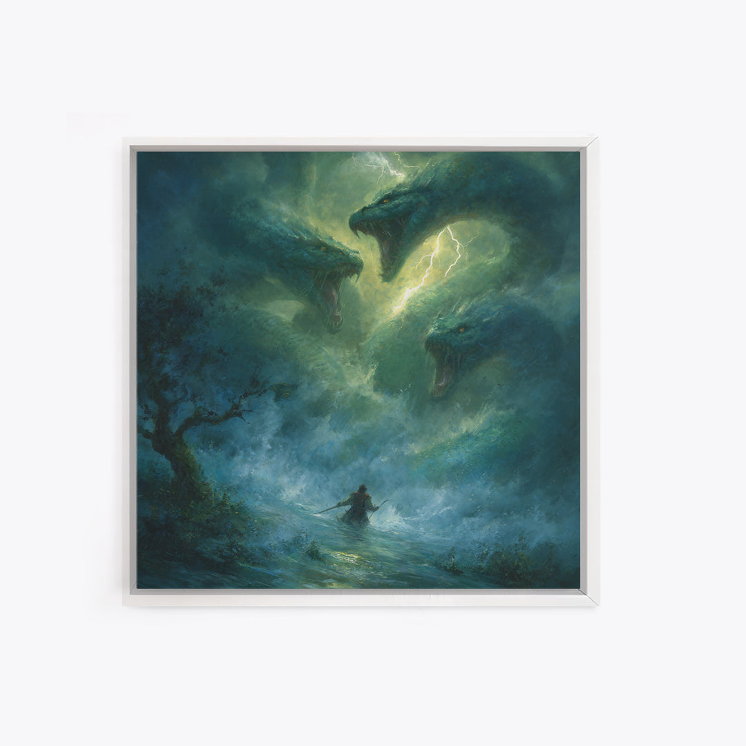 Three Headed Sea Serpent Storm Wall Art, Dark Fantasy Canvas Print, Mythical Creature Decor, Dragon Art Gift For Him, Epic Battle