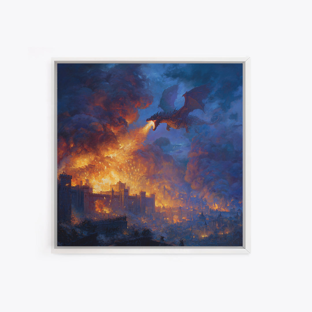 Fire Breathing Dragon Over Burning City Wall Art, Dark Fantasy Canvas Print, Medieval Castle Decor, Epic Gamer Gift For Him