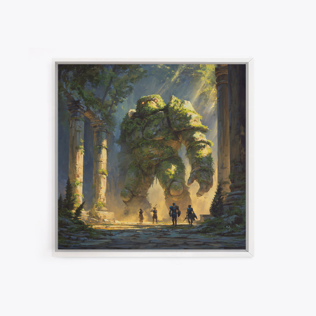Moss Covered Forest Golem Ruins Wall Art, Fantasy Canvas Print, Whimsical Adventure Decor, Magical Woodland Artwork For Game Room