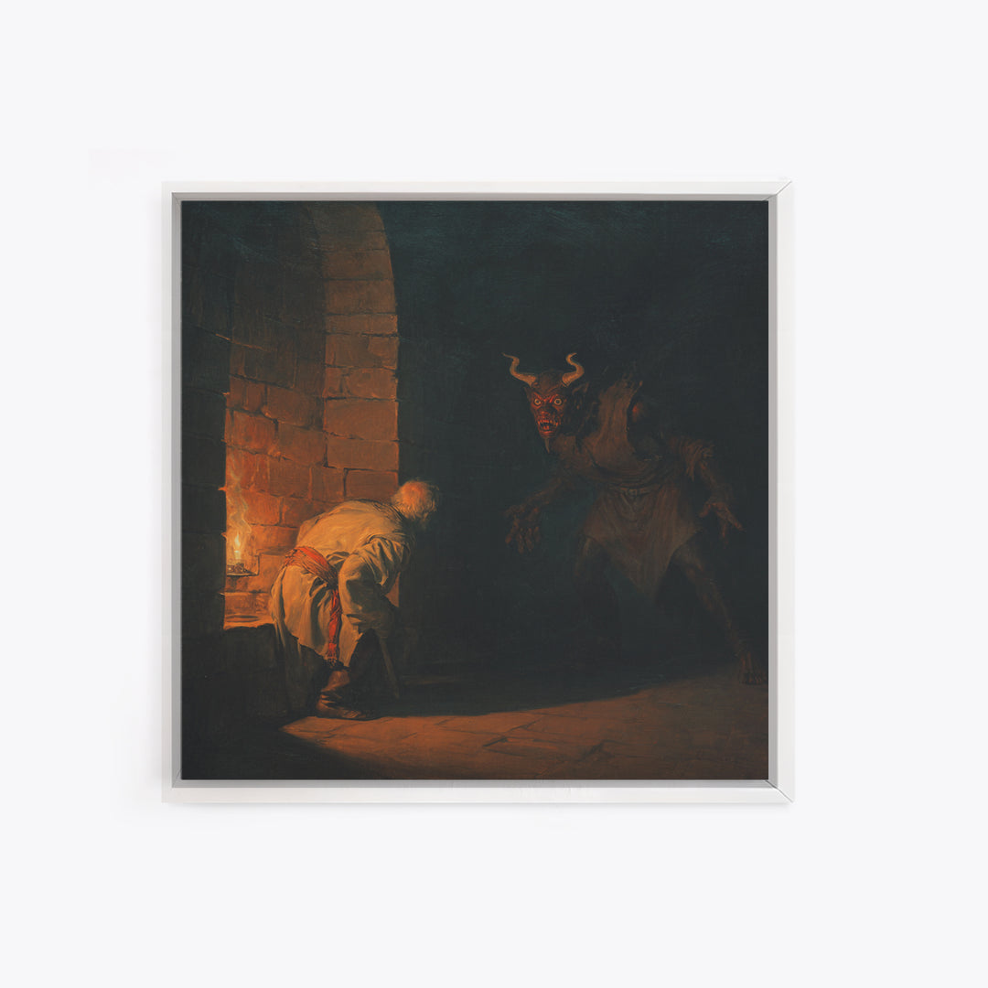 Candlelit Dungeon Demon Encounter Wall Art, Dark Fantasy Canvas Print, Gothic Horror Decor, Medieval Monster Artwork For Study