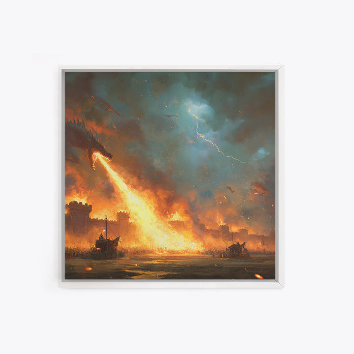 Fire Breathing Dragon Siege Wall Art, Epic Fantasy Canvas Print, Medieval Castle Battle Decor, Dramatic Game Room Artwork