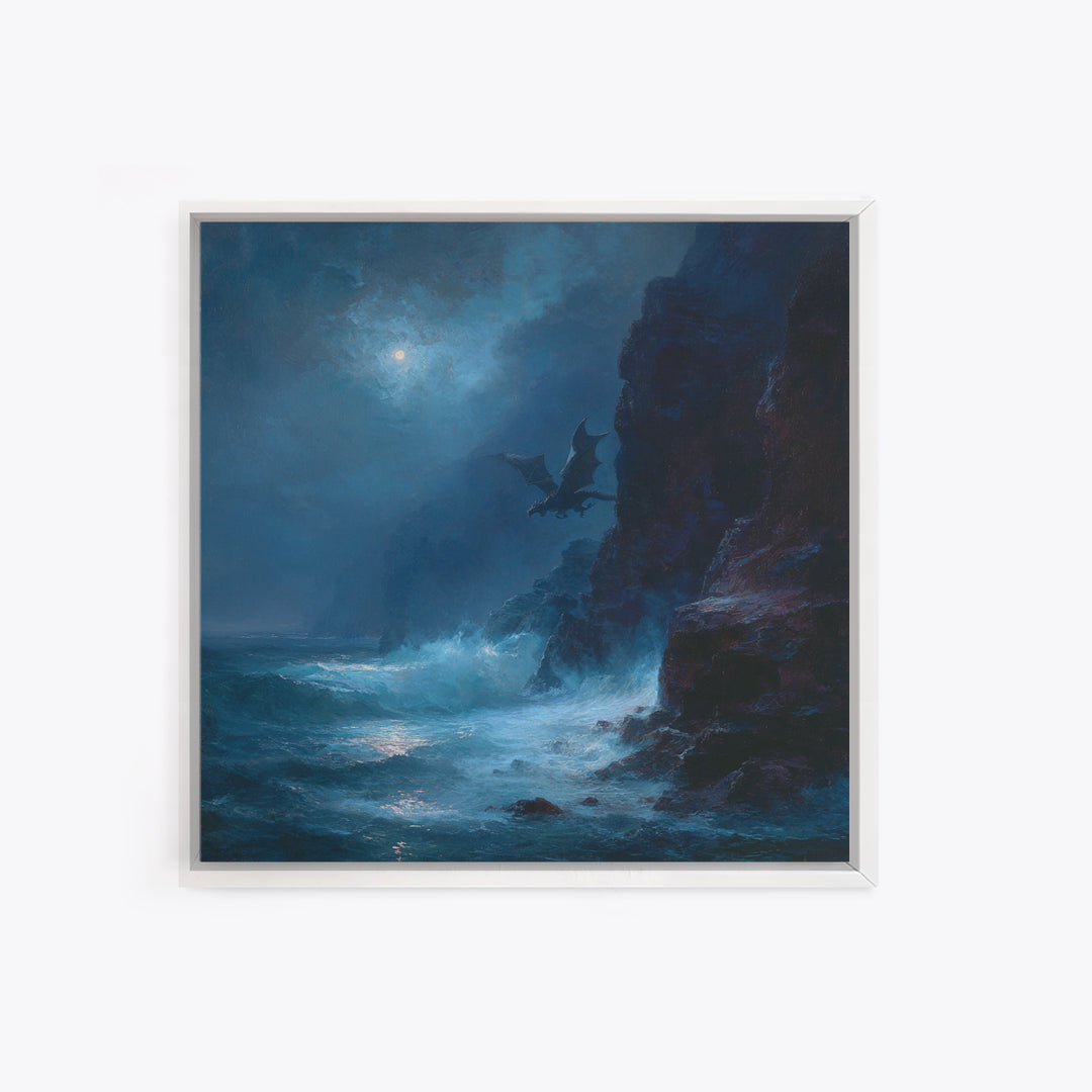 Moonlit Dragon Over Stormy Sea Cliffs Wall Art, Fantasy Seascape Canvas Print, Moody Coastal Decor, Gothic Ocean Artwork