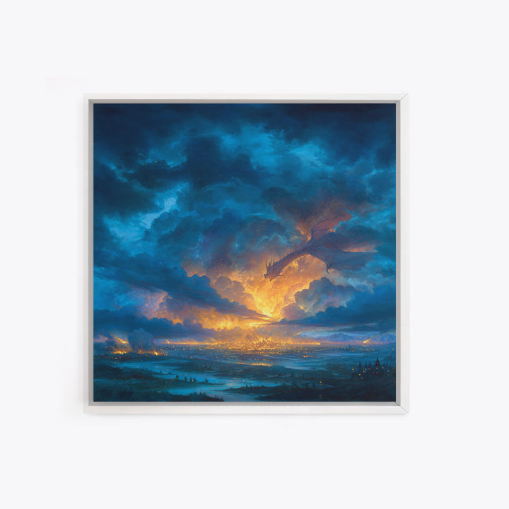 Storm Cloud Dragon Above Glowing Kingdom Wall Art, Fantasy Landscape Canvas Print, Dramatic Sky Decor, Epic Castle Artwork