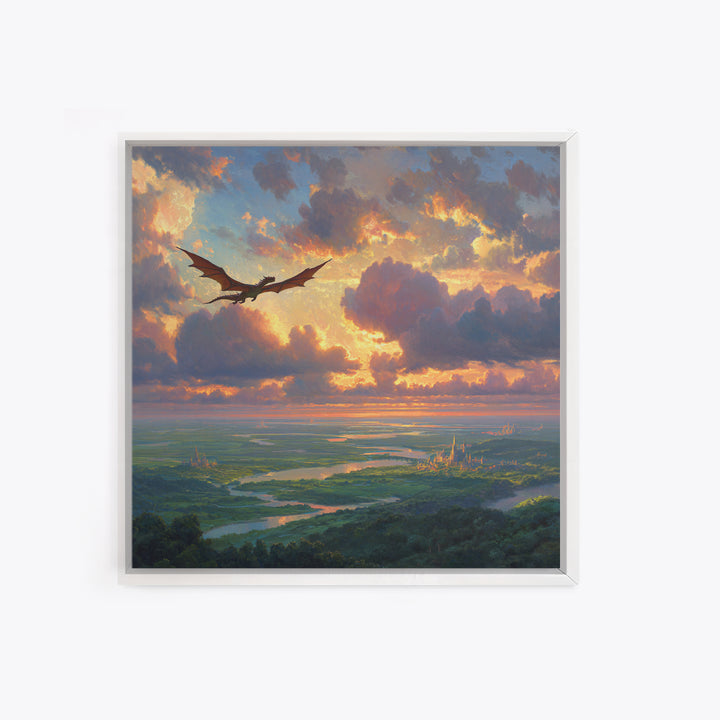 Soaring Dragon Sunset Valley Wall Art, Fantasy Landscape Canvas Print, Castle Kingdom Decor, Dreamy Adventure Artwork For Living Room