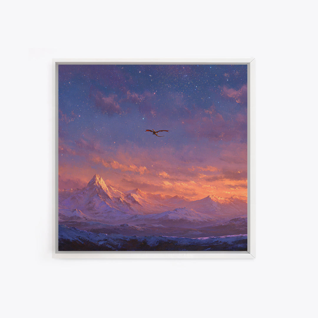 Starry Mountain Dragon Flight Wall Art, Fantasy Canvas Print, Snowy Alpine Landscape Decor, Celestial Adventure Artwork For Bedroom