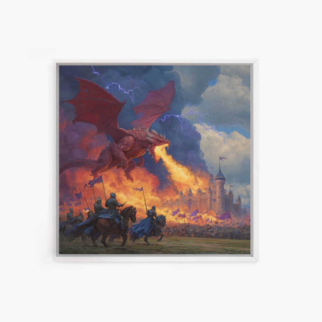 Red Dragon Castle Siege Wall Art, Epic Fantasy Framed Canvas Print, Medieval Battle Decor, Knight Adventure Game Room Artwork