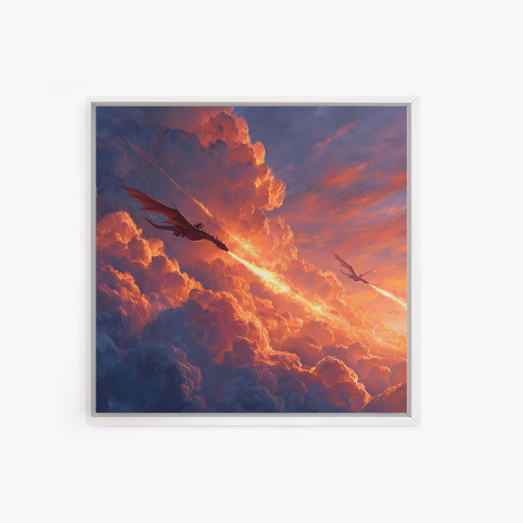 Dragons Blazing Through Sunset Clouds Wall Art, Fantasy Canvas Print, Fiery Sky Decor, Epic Mythical Adventure Artwork For Office