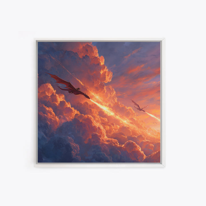 Dragons Blazing Through Sunset Clouds Wall Art, Fantasy Canvas Print, Fiery Sky Decor, Epic Mythical Adventure Artwork For Office