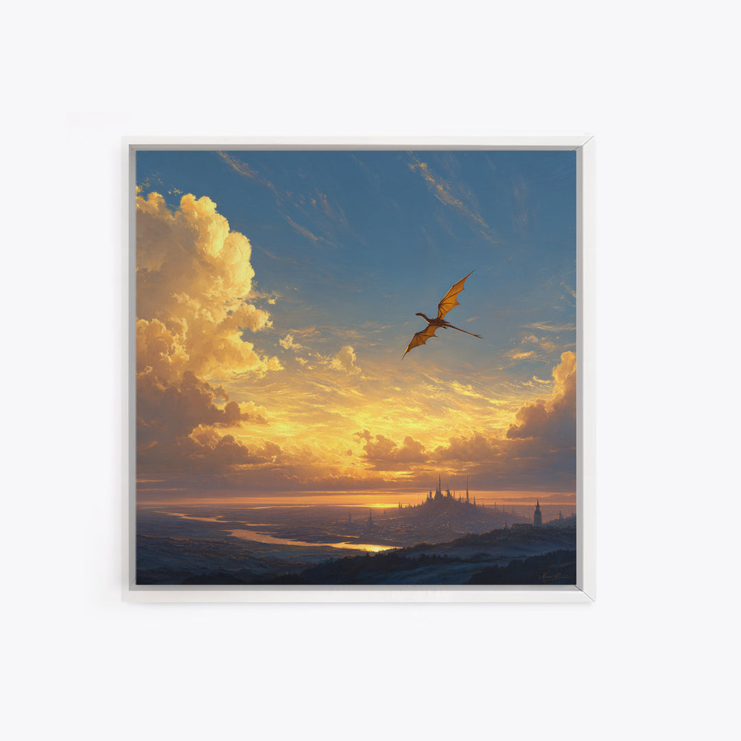 Lone Dragon Over Golden Horizon Wall Art, Fantasy Landscape Canvas Print, Sunset Castle Decor, Serene Coastal Artwork For Living Room