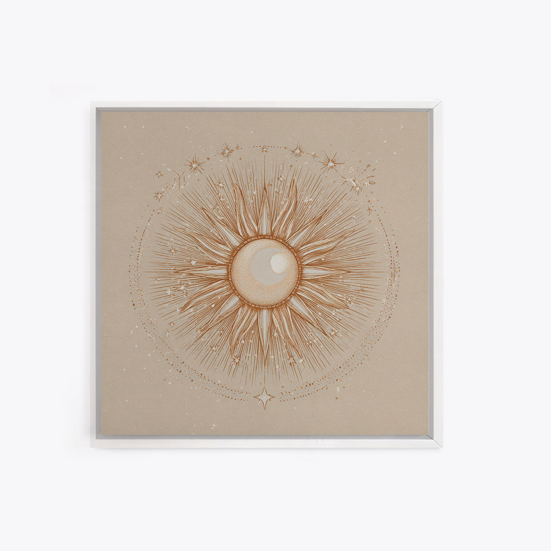 Celestial Sunburst Moon Line Art Framed Canvas Print, Neutral Boho Wall Art, Mystical Minimalist Bedroom Decor, Above Bed Decor
