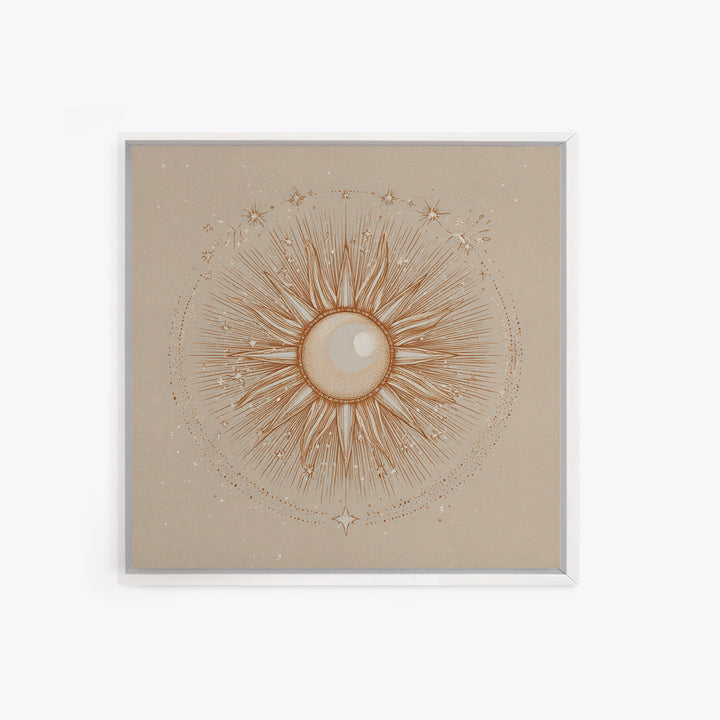 Celestial Sunburst Moon Line Art Framed Canvas Print, Neutral Boho Wall Art, Mystical Minimalist Bedroom Decor, Above Bed Decor