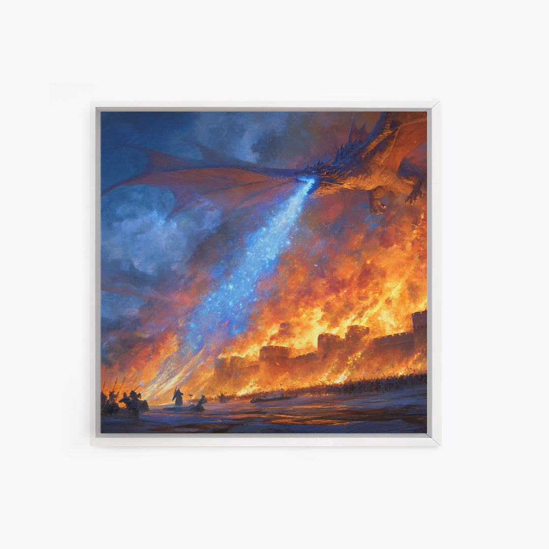 Blue Fire Dragon Siege Wall Art, Epic Fantasy Canvas Print, Medieval Castle Battle Decor, Large Gamer Room Wall Decor Gift For Him